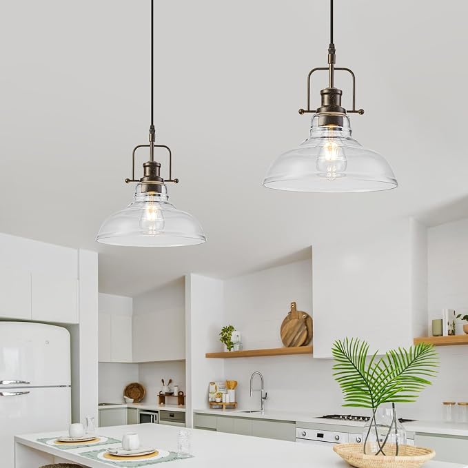 WILON Clear Glass Modern Pendant Light for Kitchen, Rust | 11'' Clear Glass Shade, Adjustable Height, E26 Ceramic Socket, 60W MAX, Farmhouse Style for Dining Room Kitchen Over Sink