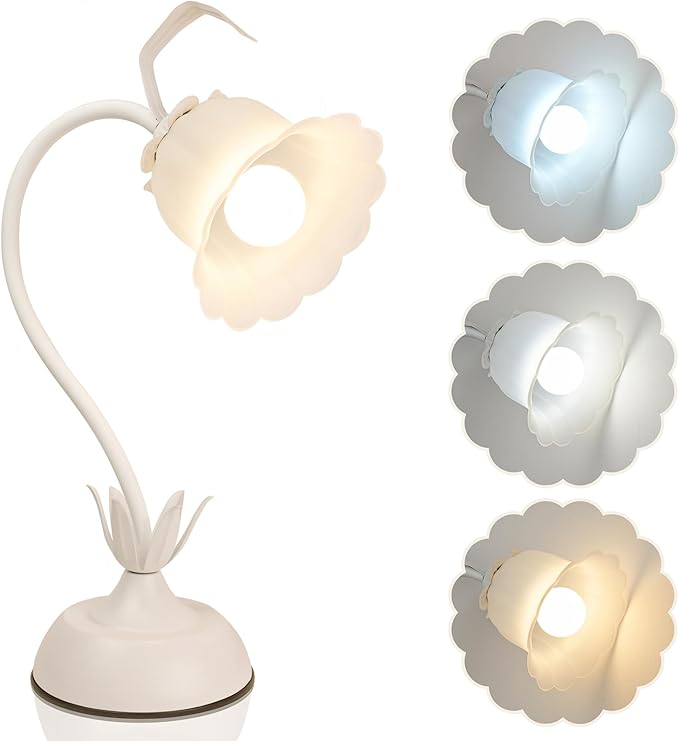 Vintage Flower Table Lamp, 3 Color Temperature Flexible Gooseneck Cute Small Desk Lamp for Bedroom, Kawaii Nightstand Bedside Lamps for Living Room, Dorm, Office, Home Decor (White)