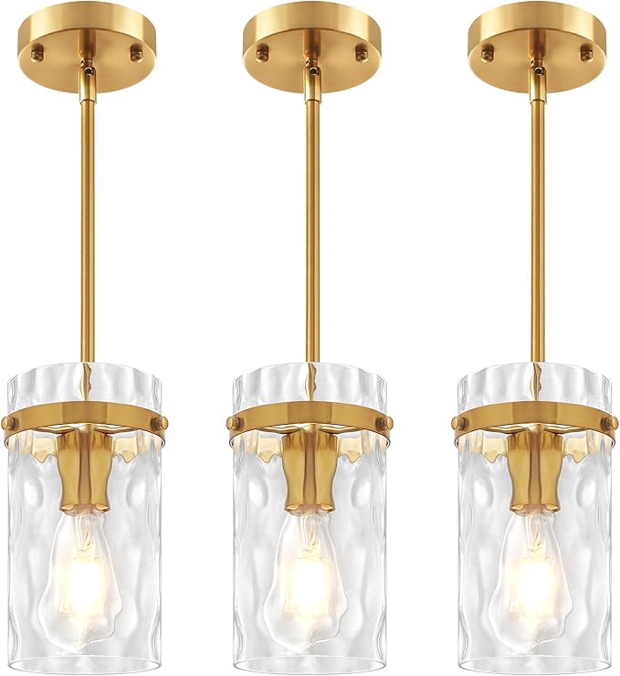 3 Pack Brushed Gold Pendant Lights Kitchen Island, Hammered Glass Kitchen Pendant Lighting Over Island Adjustable Hanging Bathroom Light Fixtures Modern Pendant Light for Dining Room Hallway Foyer