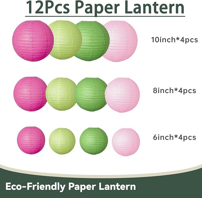 12 Pcs Paper Lanterns Party Decorations Pink Green Round Hanging Paper Lanterns Assorted Sizes Paper Lanterns for Birthday Baby Shower Wedding Bridal Shower Hawaiian Luau Jungle Theme Party Decoration