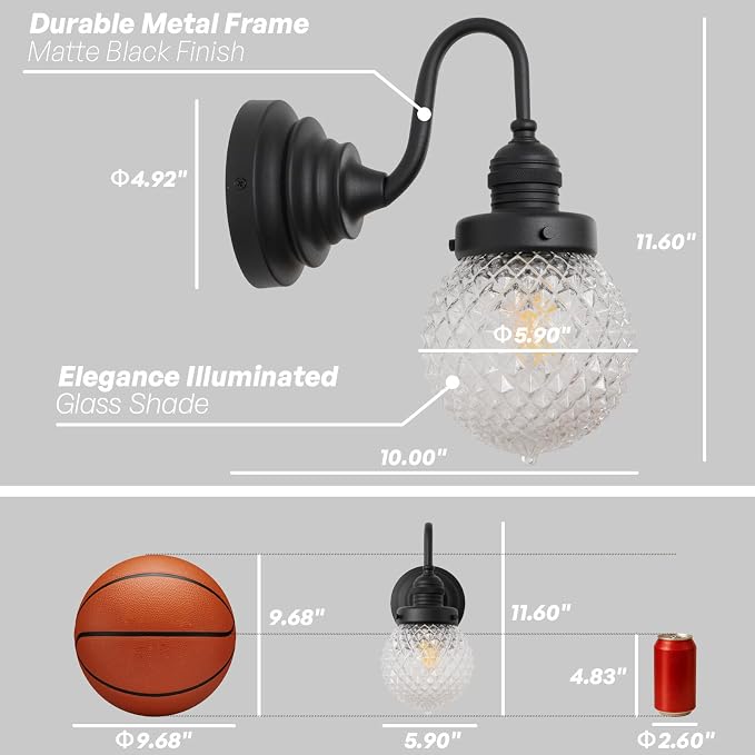 Black Wall Sconce Farmhouse Bathroom Vanity Light,Clear Glass | Vintage,Hardwired Indoor,Hand-Blown Thick Glass,for Bathroom Mirror Kitchen Hallway,UL-Listed E26 Socket