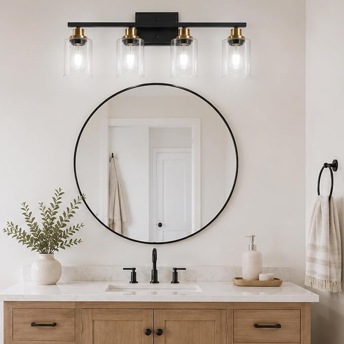 Ascher Bathroom Light Fixtures, 4-Light Vanity Lights with Clear Glass Shade, Modern Black and Gold Wall Light for Mirror Bedroom Hallway Cabinet Porch