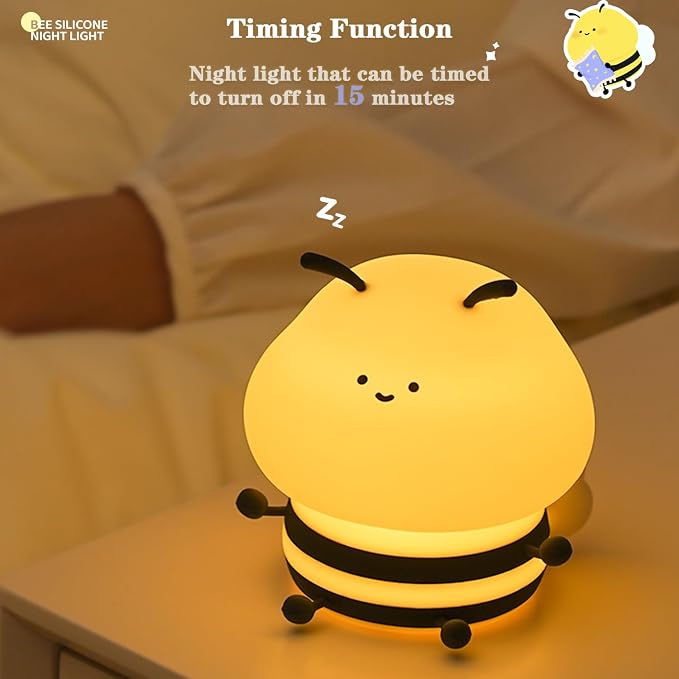 Cute Bee Kids Night Light, LED Squishy Night Lamp, Dimmable Nursery Nightlight for Kids, Rechargeable Timer Touch Lamp, Dorm Decor, Funny Gifts (Bee)