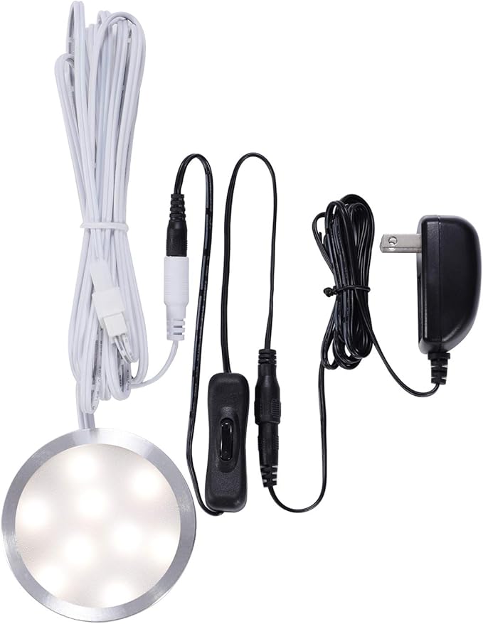 AIBOO 12V LED Under Cabinet Puck Lights Plug in, with Manual Switch, Single Puck LED Light for Closet,Counter,Showcase,12Vdc Low Voltage Wall Plug (Nature White)