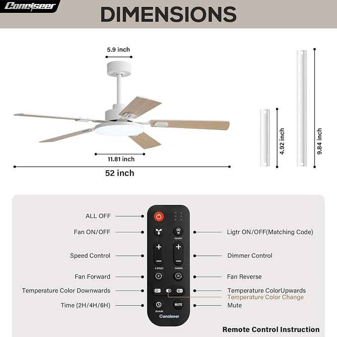 Conciseer 52 Inch Ceiling Fans with Lights and Remote for Bedroom Living Room Kitchen Office, Indoor/Outdoor Use, 6CCT Dimmable, 5 Blades 6 Speed Reversible Quiet DC Motor, White/Wood Grain, 2 Pack