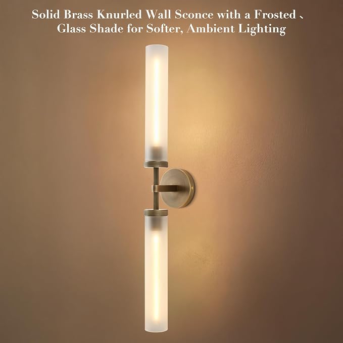 30" 2 Lights Hardwired Frosted Glass 2 PC Bathroom Wall Sconces, Handmade Knurled Brass Wall Light Fixture,Modern Vanity Light for Living Room,Hallway, Bedroom, Indoor Sconces