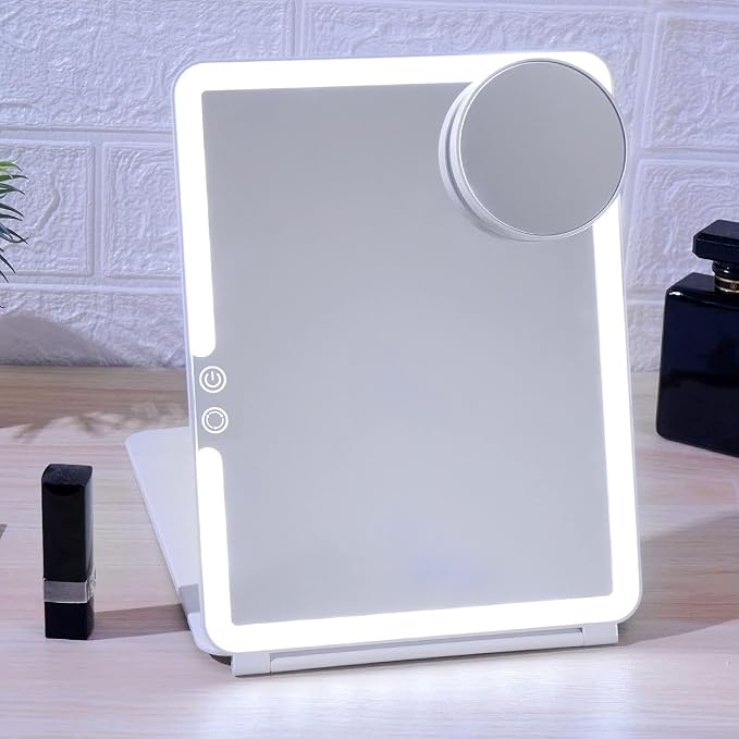 FUNTOUCH 2500mAh Rechargeable Large Travel Makeup Mirror with Lights | 10x7.5 Portable Lighted Makeup Mirror with 3 Color Lights, Dimming Folding Light Up Travel Mirrors with 10X Magnifying Mirror