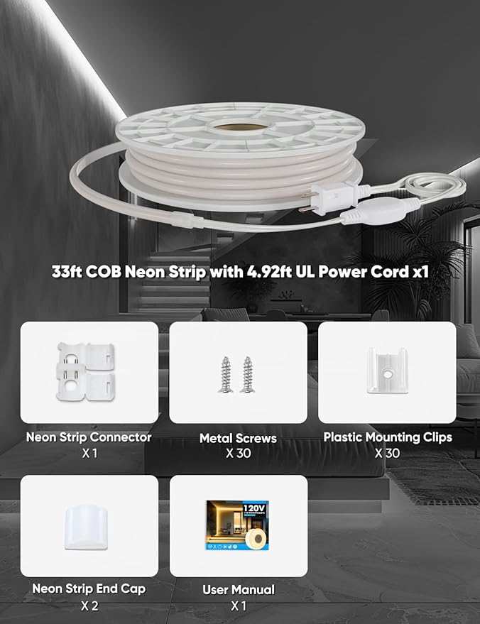 COB Led Neon Rope Lights 33ft 6000K Cool White, 110-120V Outdoor Waterproof Lighting Strip 600lm/m Super Bright, Cuttable and Adhesive, for Roof Bedroom Garden Commercial