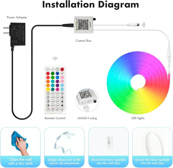 SILFU Neon Rope Lights, 65.6FT (2x32.5FT) RGB LED Strip Lights | Waterproof IP67 LED Lights for Bedroom, DIY Design, Music Sync, 44Key Remote Control, Multiple Modes for Bedroom,Decoration