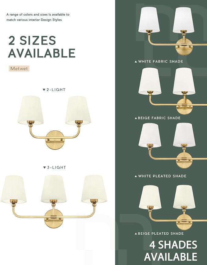 3-Light Gold Bathroom Vanity Light, Beige Pleated Fabric Shade | 25" 3-light gold double wall sconce with beige pleated fabric shades, E26 bulbs, hardwired, upward only, VL837-BG-Z-B-3