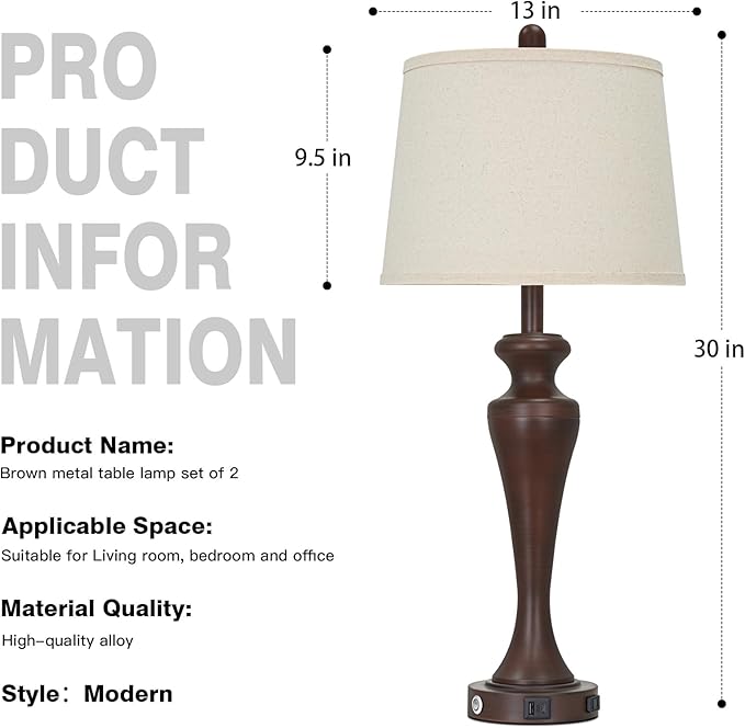 30" Brown Table Lamp Single, 3-Way Touch Control Bedside Lamp with USB A+C Ports and AC Outlet, Tall Living Room Lamps for End Table, Elegant Coffee Bedroom Lamps for Night Stand