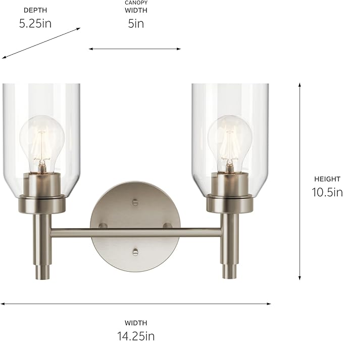 Kichler Madden 2-Light Bathroom Vanity Light, Brushed Nickel | Modern vanity light with clear glass for single or double bathroom mirrors (14.25" x 10.5"), 55184NI