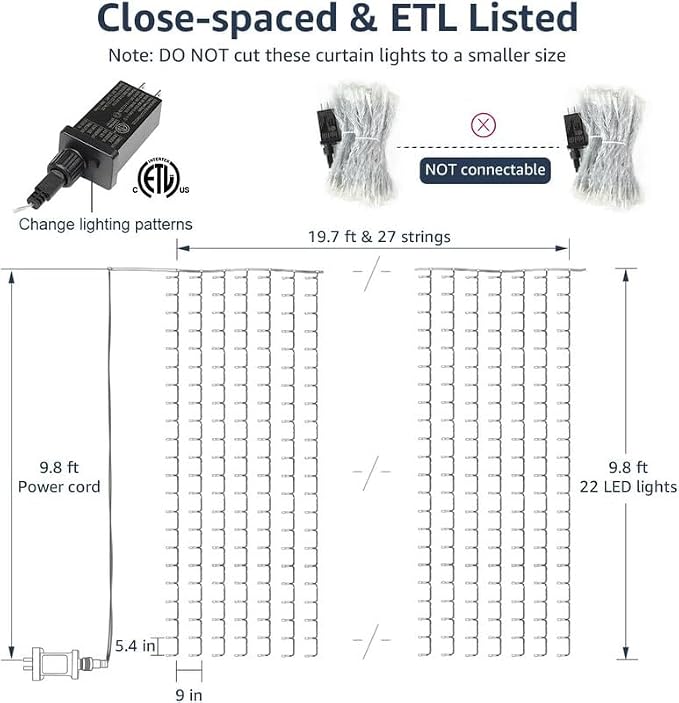 LE 594 LED Curtain Lights for Bedroom Wall, Plug in Window Hanging Fairy String Lights, Indoor Outdoor Wedding Party Backdrop Lights, Twinkle Lights for Patio Decor (20x10ft, 27 Strings, 9" Apart) | 27 Hang Down String Lights, XL Size, 9" Apart, Weddin...