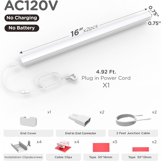 Under Cabinet Lighting Plug in, Dimmable 3CCT 3000/4000/5000K AC120V Super Bright Ultra Slim Linkable LED Counter Lights for Kitchen, Shelf, Closet, Cupboard, White 16 inch 2Pack