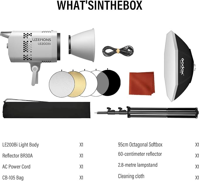 Godox Litemons LE200Bi Bi-Color LED Video Light Kit with Softbox Light Stand Reflector CRI 98+, 2800K-6500K, 57700 Lux Output, DMX/App Control for Studios Ultra Quiet for Content Creation
