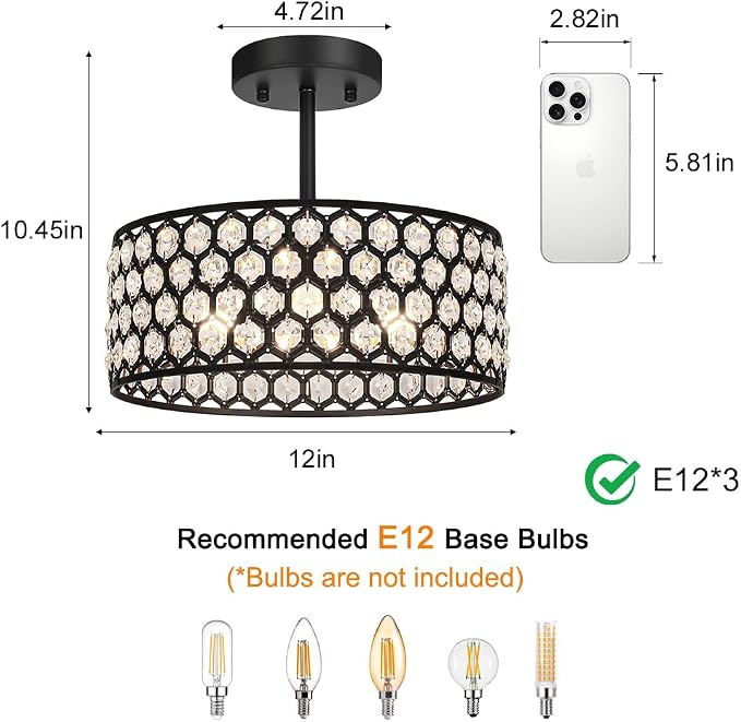 Lxybcce Black Crystal Ceiling Light Fixture - Modern Semi Flush Mount Ceiling Light for Hallway, Kitchen Lighting Fixtures Ceiling, Dazzling Prism Chandelier for Foyer Closet Bedroom, 3 Light, 12 in