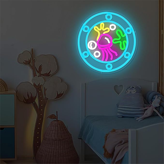 Ocean World Porthole Neon Sign Dimmable Led Under Sea Porthole Neon Light Sign Jellyfish Neon Room Sign Light Up Signs for Wall Decor Game Room Party Bedroom Decor Birthday Gift