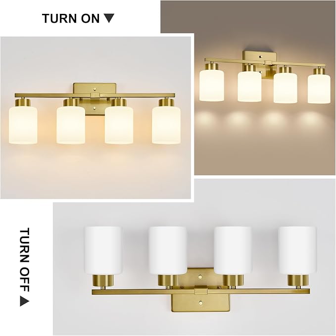 FonmYim Brushed Gold Bathroom Light Fixtures Vanity Lights Over Mirror | Modern 4-Light lighting fixtures for bathroom with Milky White Frosted Glass Shades, E26 Socket (Bulbs Not Included)