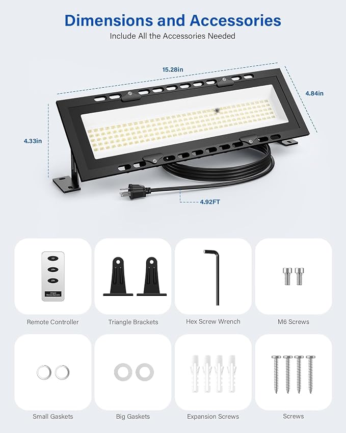 120W High Bay LED Shop Light IP65 Waterproof Garage Light w Dimmable Remote | 18000LM Plug-in Play, Commercial Shop Lights for Warehouse, Factory, Workshop, backyard, Garage & Barn