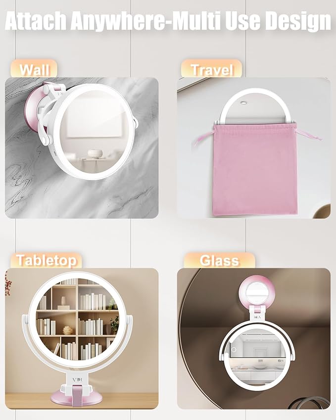 30X/1X Wall Mounted Magnifying Makeup Mirror with Power Suction Cup, Rechargeable Double Sided Regular HD/Magnification 3 Color Modes Adjustable Brightness Mirror with Lights for Bathroom, Travel