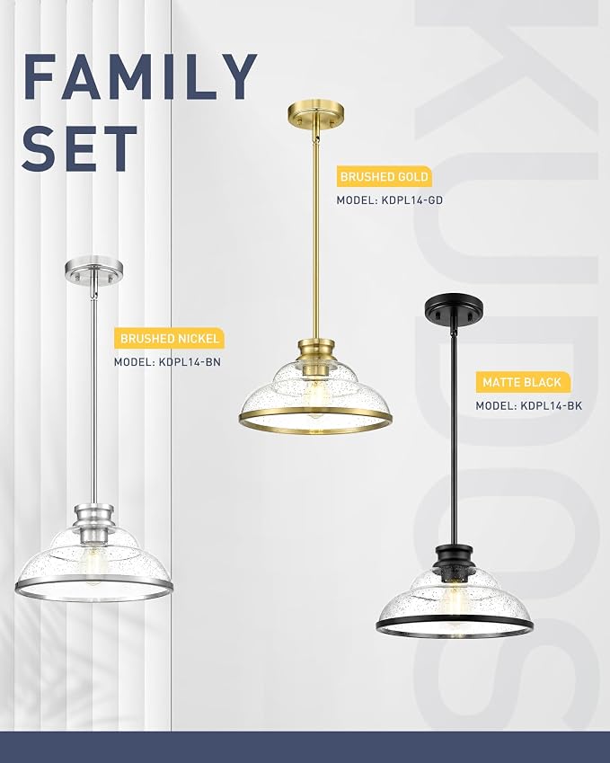 kudos 11" Gold Pendant Light with Seeded Glass Shade, KDPL14-GD | E26 Bulb Base, Hardwired, Farmhouse Styling, Adjustable Hanging Rods for Flat or Sloped Ceilings, for Kitchen Bars