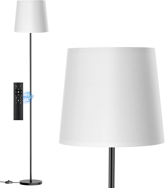 Dimmable Floor Lamp with Linen Shade for Living Room | Dimmable LED Standing Lamp with Remote & Foot Switch, Modern Floor Reading Light for Bedroom Office Corner
