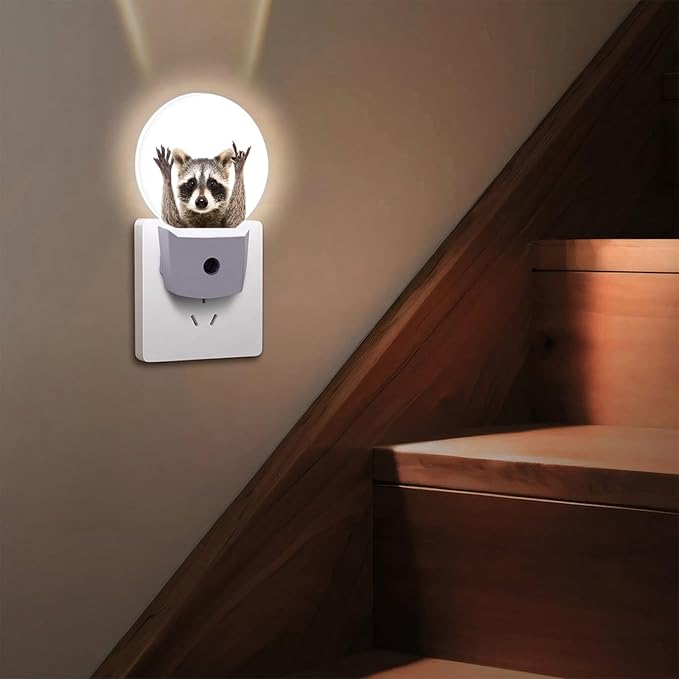 Round LED Night Light,Funny Cute Raccoon LED Night Light Plug into Wall with Dusk to Dawn Light Sensor White Energy Efficient Nightlight for Bedroom Bathroom Hallway Living Room Kitchen