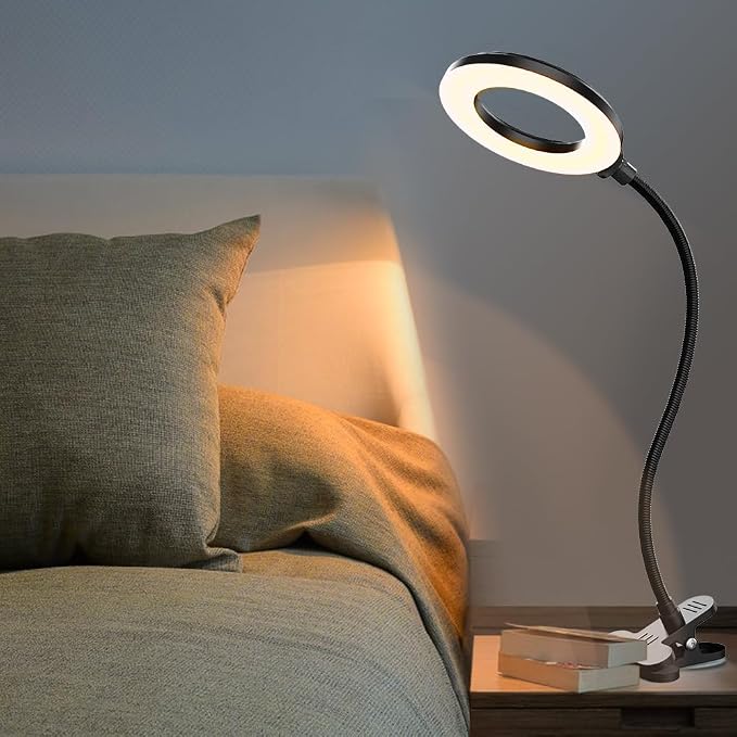 LED Desk Lamp with Clamp, 3 Color Modes, 10 Brightness | Eye-Caring Reading Light, Flexible Gooseneck, USB Powered, Dimmable, Clip On Design