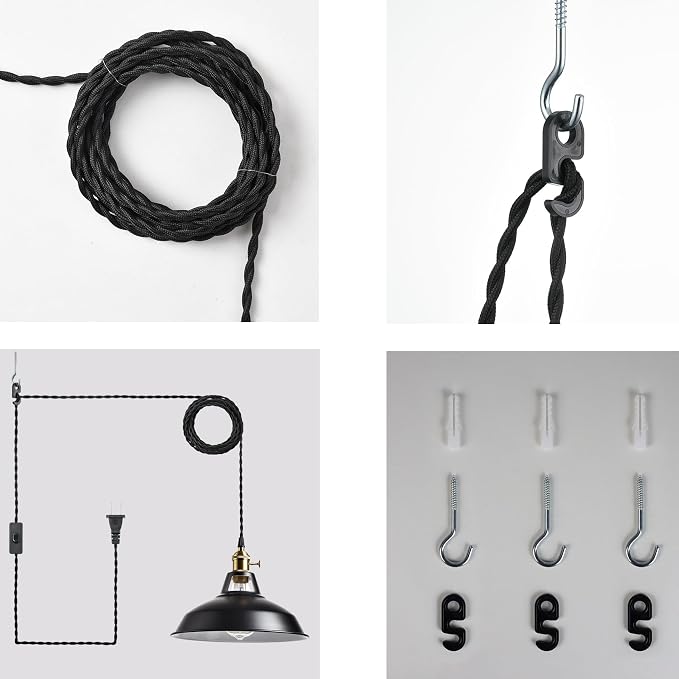 YUBOLE Indsutrial Black Plug in Hanging Lights with 216.5" L Cord | Black & White 10.6"W Shade, E26 Swag Pendant Light with Switch for Kitchen Bedroom Dining Bar Reataurant Cafe Loft