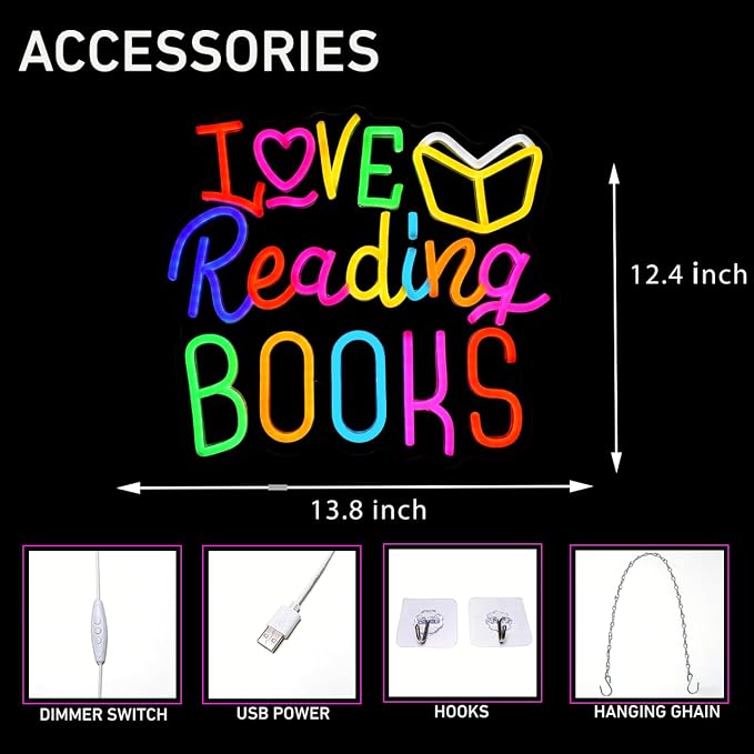 Love Reading Books Neon Sign Colorful LED Book Light for Wall Decor, Reading Corner Led Sign Reading Nook Sign for Bedroom Classroom Study Room Literary Aesthetic Decor 5v USB