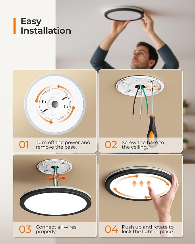 Matane Dimmable LED Flush Mount Ceiling Light Fixture with Night Light, 8.7inch 1800LM 3000K/4000K/5000K Selectable, Low Profile Ceiling Light for Hallway Kitchen Bedroom, Round Black