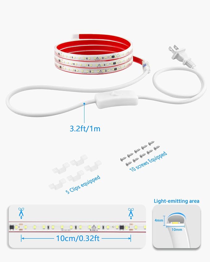 Warm White Under Cabinet Strip Lighting Plug in Waterproof 48in 3000K LED Light Strips with Switch Flexible Self-Adhsive Under Counter Light 120LED/M Ultra Bright Lights Bar for Desk Kitchen Indoor
