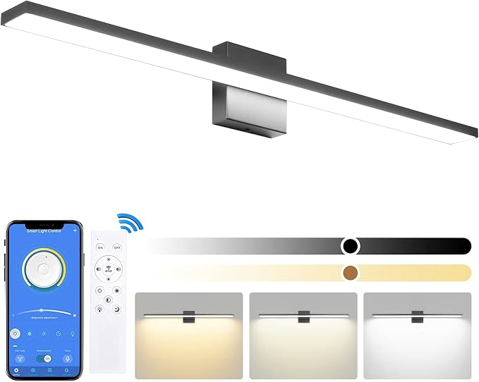 Ralbay 24in Dimmable Black Vanity Light with Remote Control Color Temperature Adjustable 20W Modern LED Bathroom Lighting Fixture