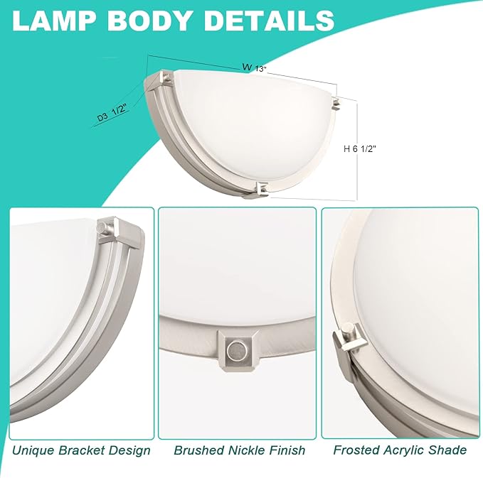 13 inch Dimmable LED Wall Sconce, Half Moon Wall Light Fixture, 3000K/4000K/5000K Color Temperature Adjustable, Modern Bathroom Vanity Light Fixtures,Super Bright (Brushed Nickel) 2 Pack