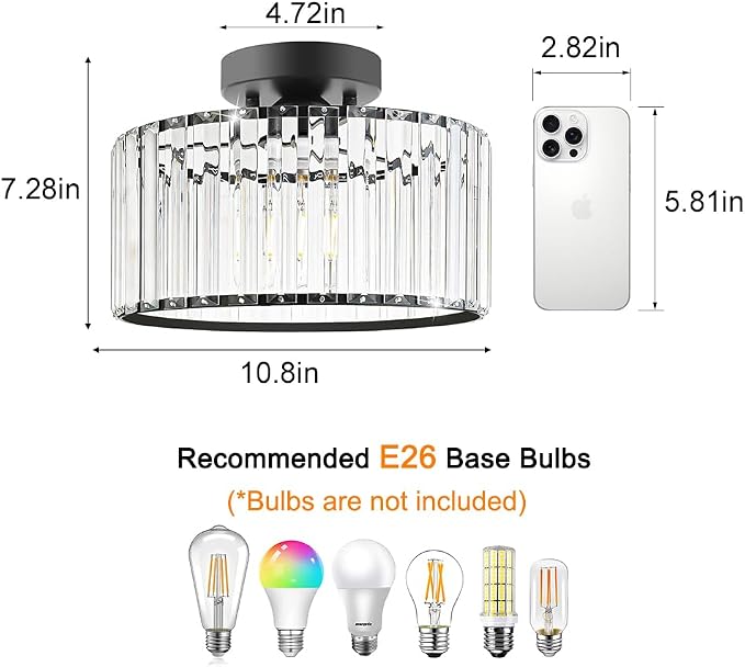 Crystal Ceiling Light Fixture, Modern Semi Flush Mount Ceiling Light, Black Close To Ceiling Light Fixtures, Crystal Chandelier Entryway Light, 11in Chandelier for Bedroom Porch Kitchen Living Room