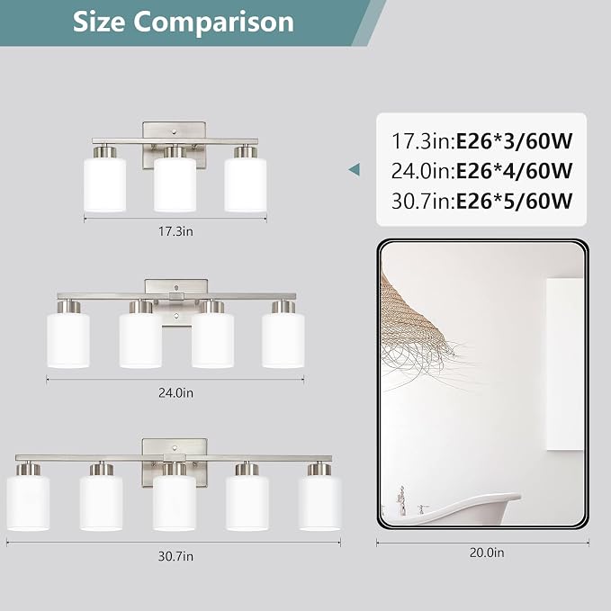 Brushed Nickel Bathroom Light Fixtures Vanity Lighting Over Mirror | 5-Light Modern Wall Sconces with Milky White Frosted Glass Shades for Restroom (E26 Socket)