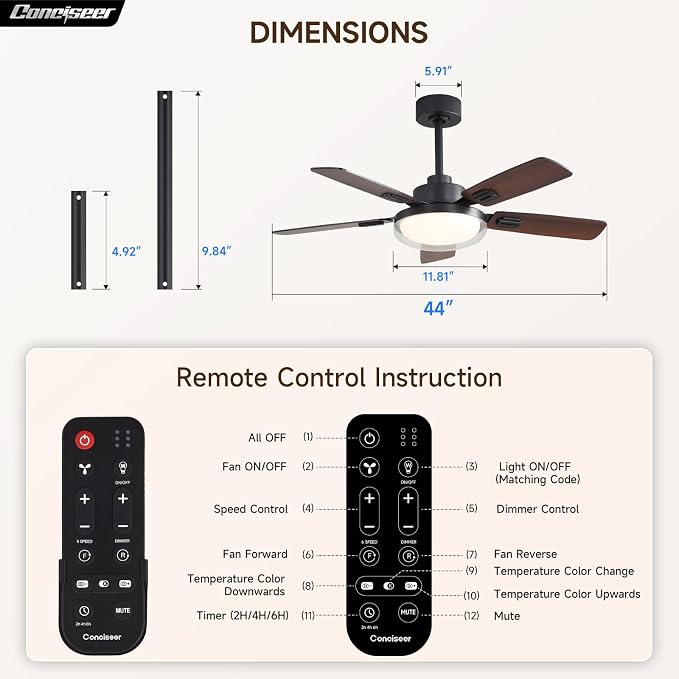 Conciseer 44 Inch Ceiling Fans with Lights and Remote, Bedroom Living Room Office Outdoor, 5CCT Dimmable, Dual Color 5 Blades, 6 Speed Reversible Quiet DC Motor, Dual-Layer Shade, Black/Wood Grain