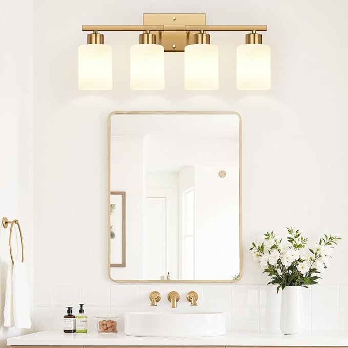 4-Light Bathroom Light Fixtures, Brushed Gold Vanity Light with Milky White Frosted Glass Shades, Modern Bathroom Vanity Light for Mirror, Bedroom, Hallway, or Living Room