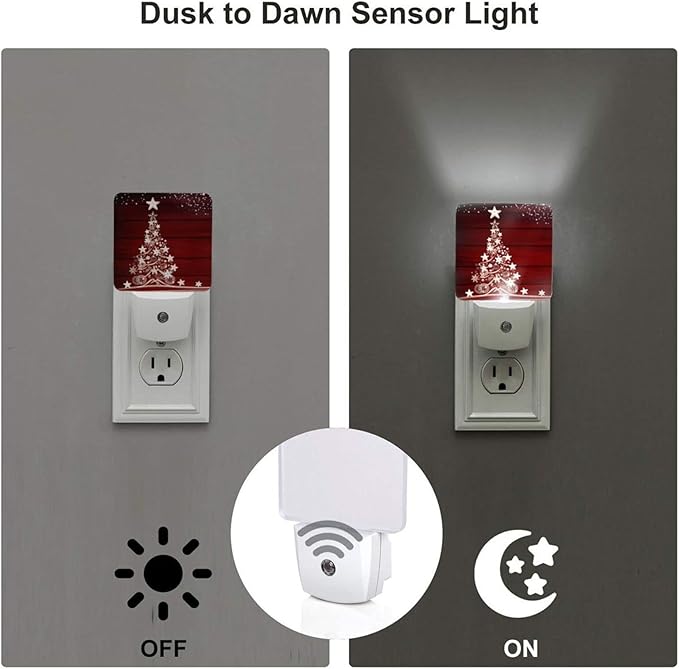 Winter Snowflake Pine Red Christmas Tree Wood Night Light Set of 2, Christmas Auto Sensor LED Dusk-to-Dawn Nightlights, Plug-in Sensor Lamp for Bedroom Bathroom Kitchen Hallway Stairs Decorative