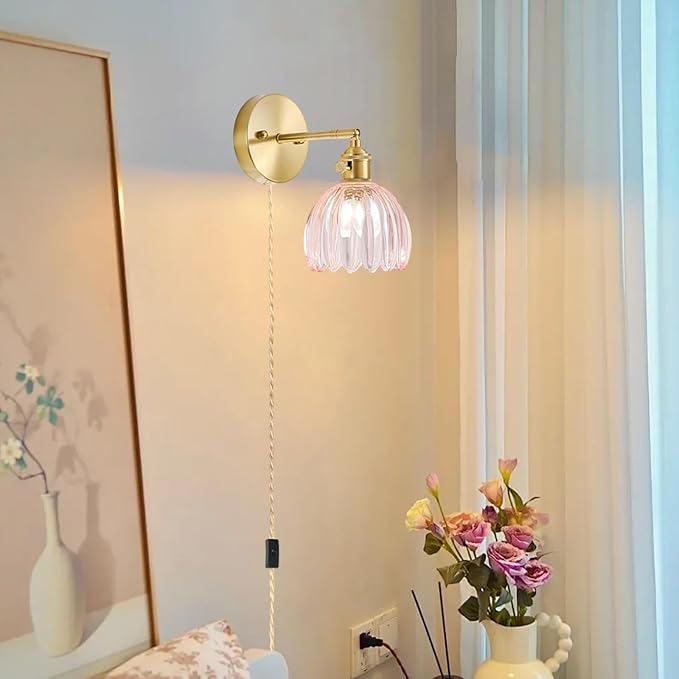 Plug in Wall Sconces Set of 2, Vintage Wall Sconce Light with Tulip Pink Glass Lampshade, Bedroom Wall Sconce with Switch and Plug in wall lamp Cord, Gold Wall Light Wall Decor Set of 2