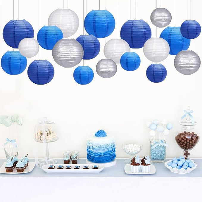 Paper Lanterns Party Decorations, Hanging Round Chinese Lanterns for Graduation New Year Blue Birthday Decorations Pack of 20 Blue Silver
