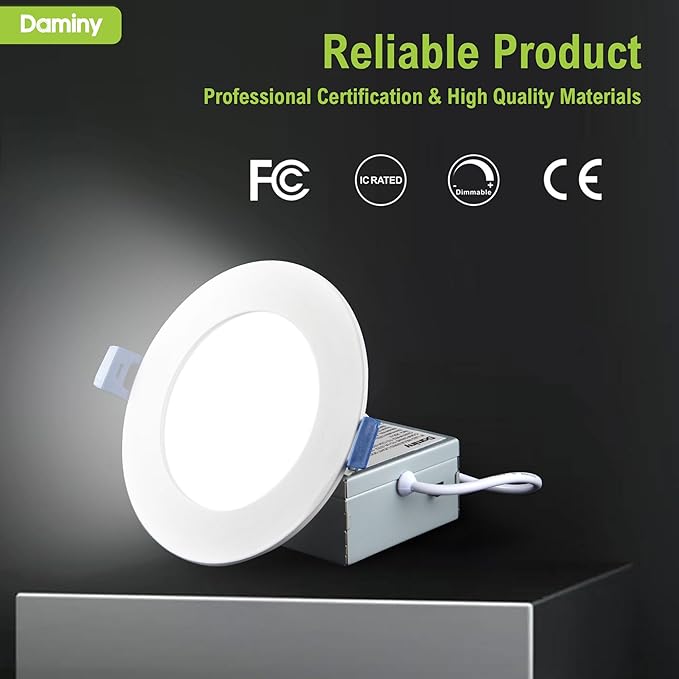DAMINY 12 Pack 3 Inch LED Recessed Lighting with Junction Box,5CCT,Ultra-Thin Recessed Light,7W 500LM, Dimmable Canless Wafer Ceiling Light, High Brightness