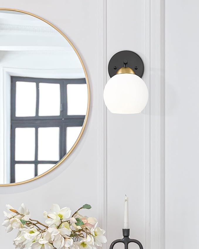 Emak Modern Sconces Wall Decor Set of 2, Black Gold Bathroom Vanity Light with Milk Glass Shade, Globe Wall Lamp for Living Room, Pictures, Bedroom, Bathroom, Hallway, WS114-BKBGD-ML-2PK