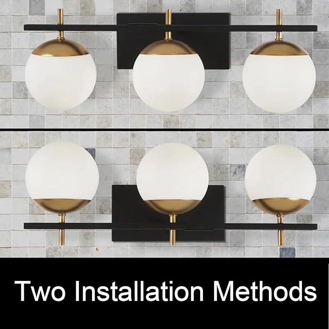 Mid Century 3-Light Bathroom Vanity Light Over Mirror, Black and Gold Modern Bathroom Light Fixtures with Milky White Frosted Glass Globe Shade, Wall Sconces for Bathroom, Stairs, Kitchen