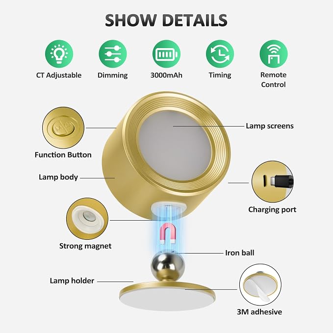 Racokky LED Wall Sconces 3 Pcs with Remote, Wall Lights 3000mAh Rechargeable Battery Operated, 3 Color Temperatures & Dimmable Wall Lamp Magnetic 360° Rotation Light for Bedroom Living Room(Gold)