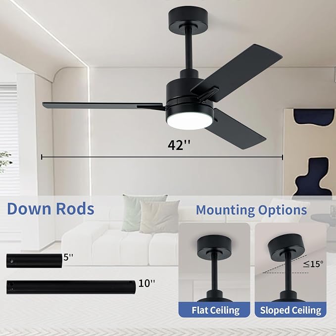 LANMEL Metal Ceiling Fan with Lights and Remote, 42 Inch, Black | Modern Low Profile Flush Mount, Reversible, 3CCT Dimmable, Quiet, LED, For Bedroom, Living Room, Indoor/Outdoor Patio Use