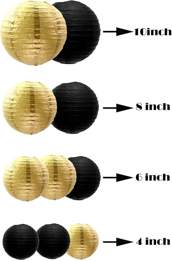 ZOOYOO 10pcs Paper Lanterns,Black Gold Round Hanging Paper Lanterns Decorations for Graduation,Anniversary,New Year,Farewell,Retirement,Birthday Party,Graden Decor