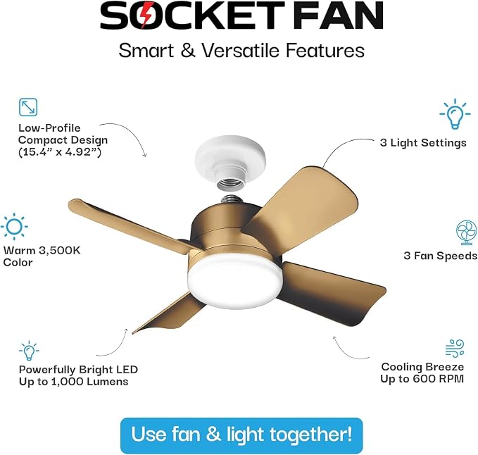 Bell+Howell Socket Breeze Cool Light Deluxe Bronze โ Ceiling Fans with LED Lights and Remote Control, Replacement for Lightbulb - Bedroom, Kitchen, Living Room,1000 Lumens / 5000 Kelvins