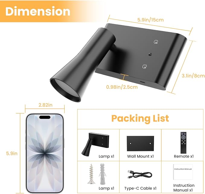 Wall Sconce Battery Operated Reading Lights, 10000mAh Rechargeable Wireless LED Wall Lights, 3 Color Temperatures Dimmable Bedside Lamps for Bedroom Living Room, 1 Pack