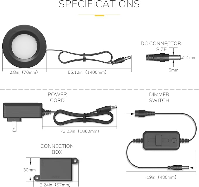Getinlight 2.75" Under Cabinet LED Puck Lights Kit, Plug-in 12V Set with in-Line Dimmer, 3000K Warm White, Recessed or Surface Mount, ETL Listed, 3-Pack, IN-0102-3-BK